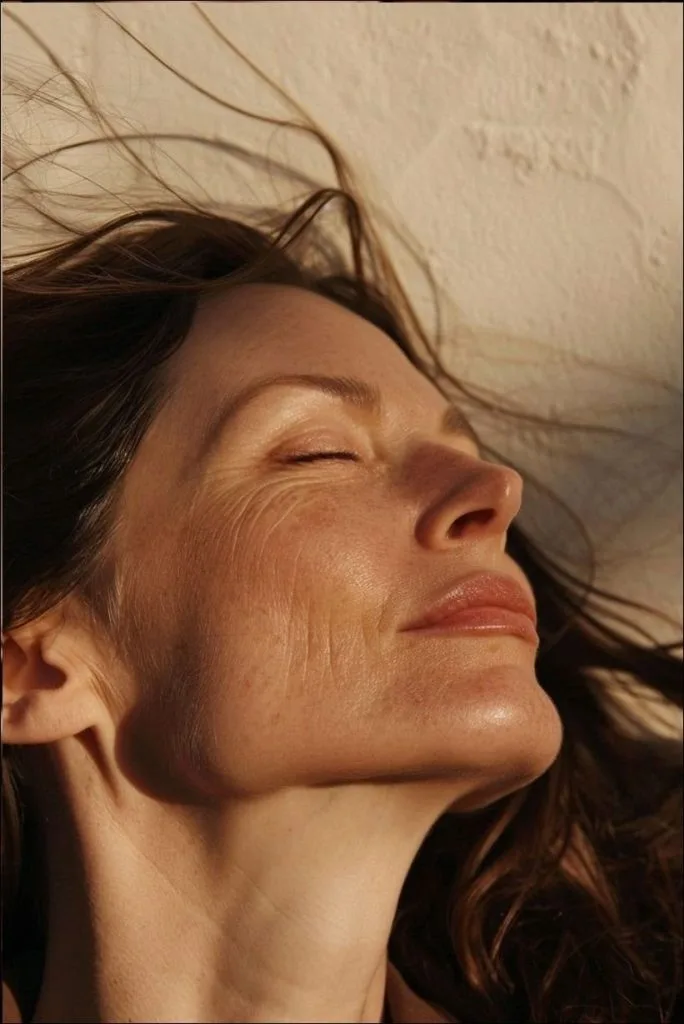 A woman relaxes with her eyes closed, basking in sunlight