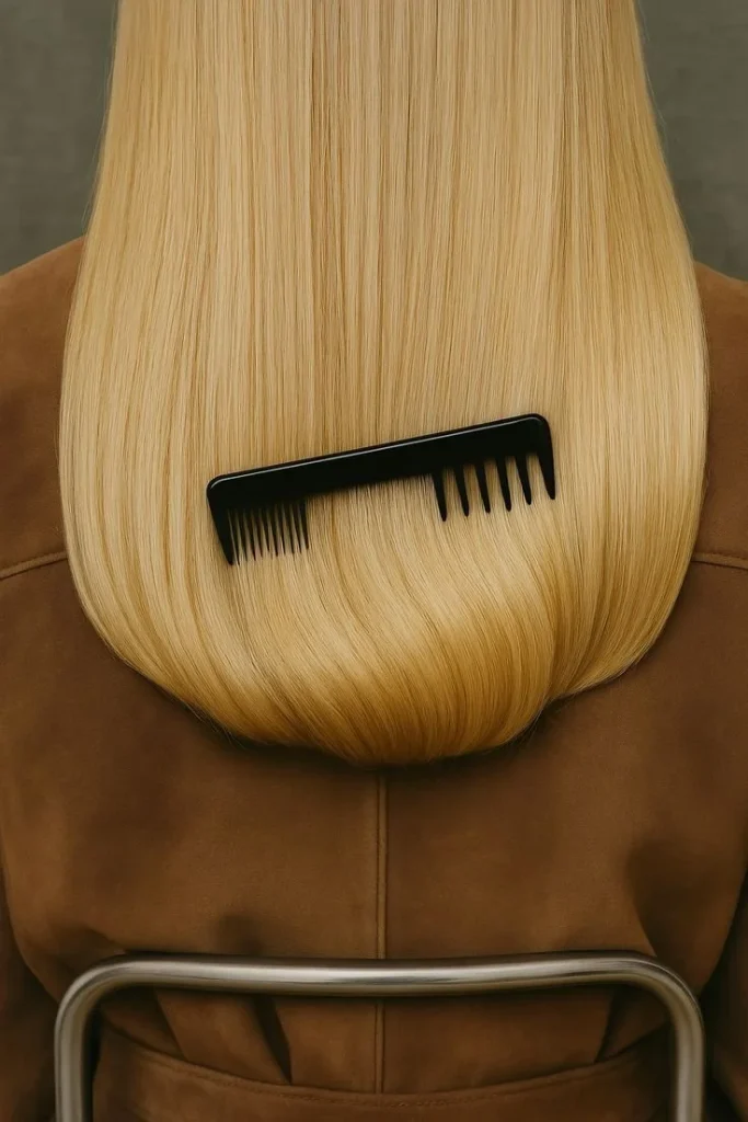 Long, straight blonde hair flows down, with a black comb nestled within it