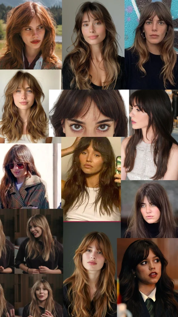 Various portraits of a woman with long, layered hair in different styles and expressions