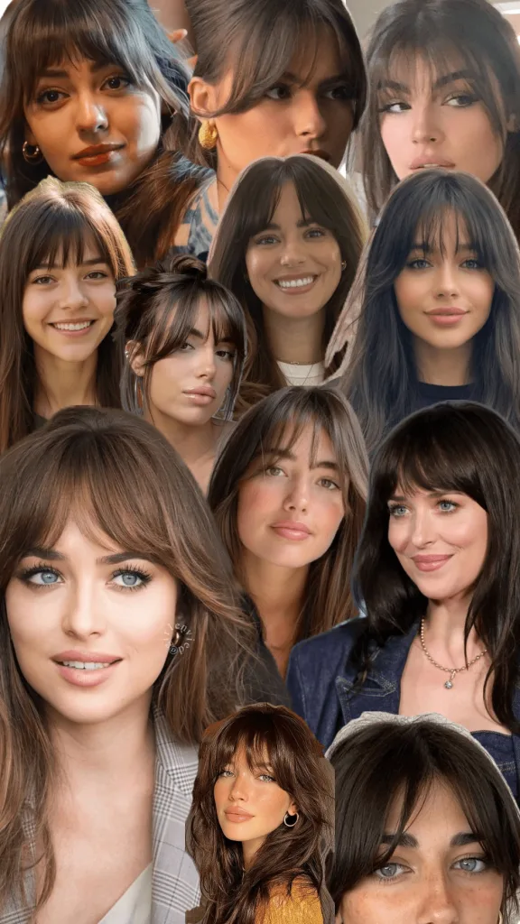 A collage features various close-up portraits of a smiling woman with brown hair and striking eyes