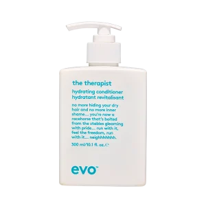 A sleek bottle with a pump top contains a hydrating conditioner with bold text