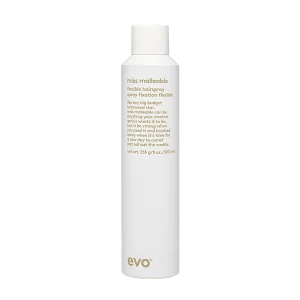 A sleek, white bottle of flexible hair spray stands upright against a plain background
