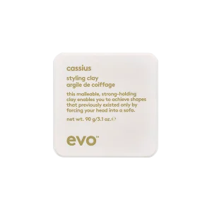 A small, square container labeled "Cassius Styling Clay" sits on a plain background