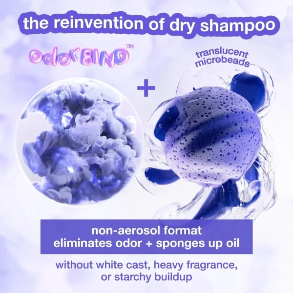 A vibrant, swirling design showcases a new dry shampoo format with translucent microbeads