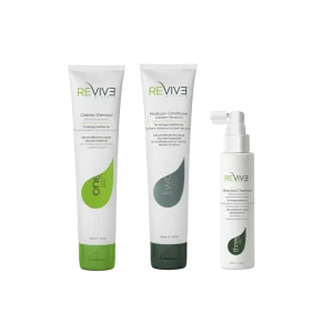 Three hair care products are displayed, featuring sleek packaging with green accents