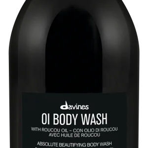 A sleek black bottle with a minimalistic label, containing body wash