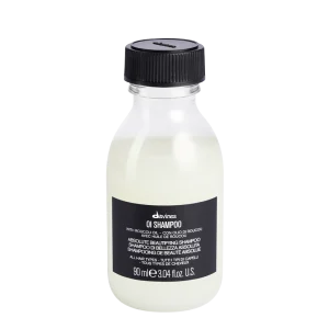A small, clear bottle of shampoo with a black cap and label