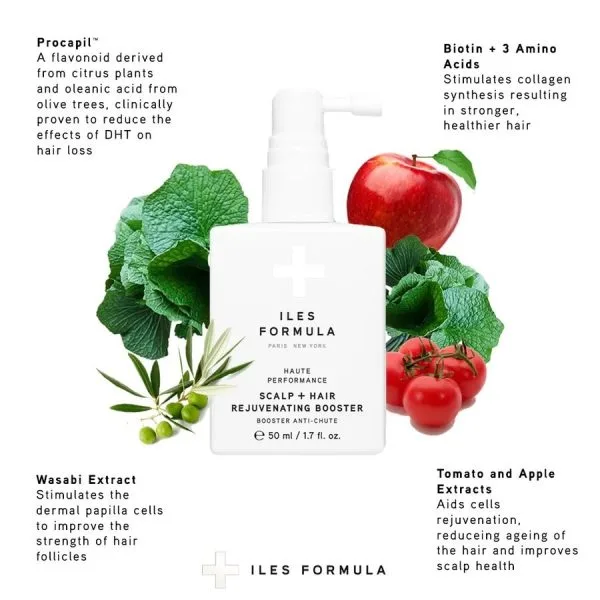 A sleek bottle is surrounded by natural ingredients promoting hair health and rejuvenation