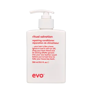 A bottle of repairing conditioner features a pump top and humorous text