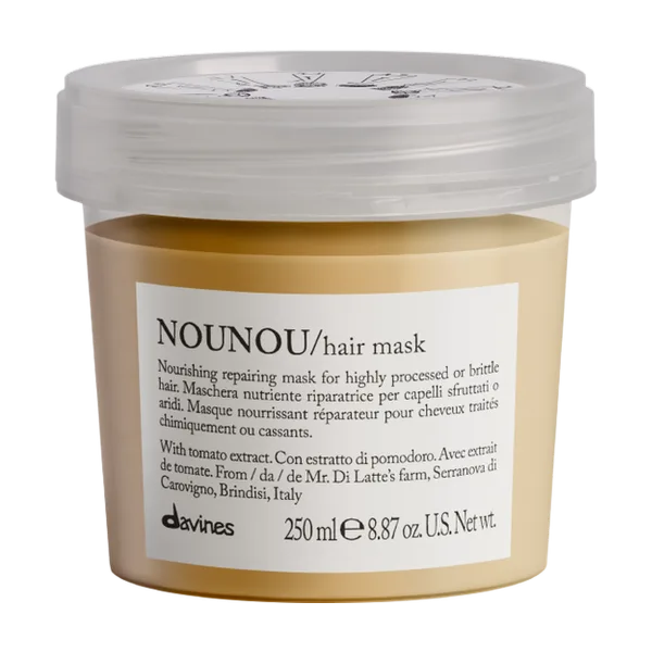 A small jar of hair mask with a light brown label and white lid