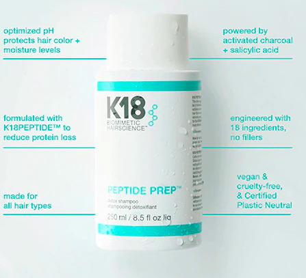 A bottle of hair care product features a clean, modern design with key benefits highlighted